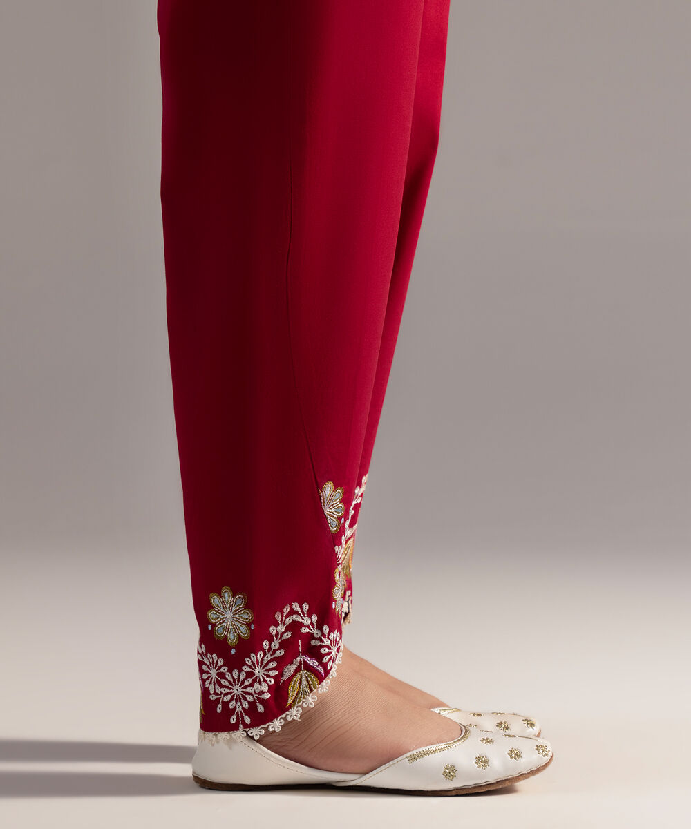 Women's RTW Seersucker Embroidered Red Skinny Shalwar