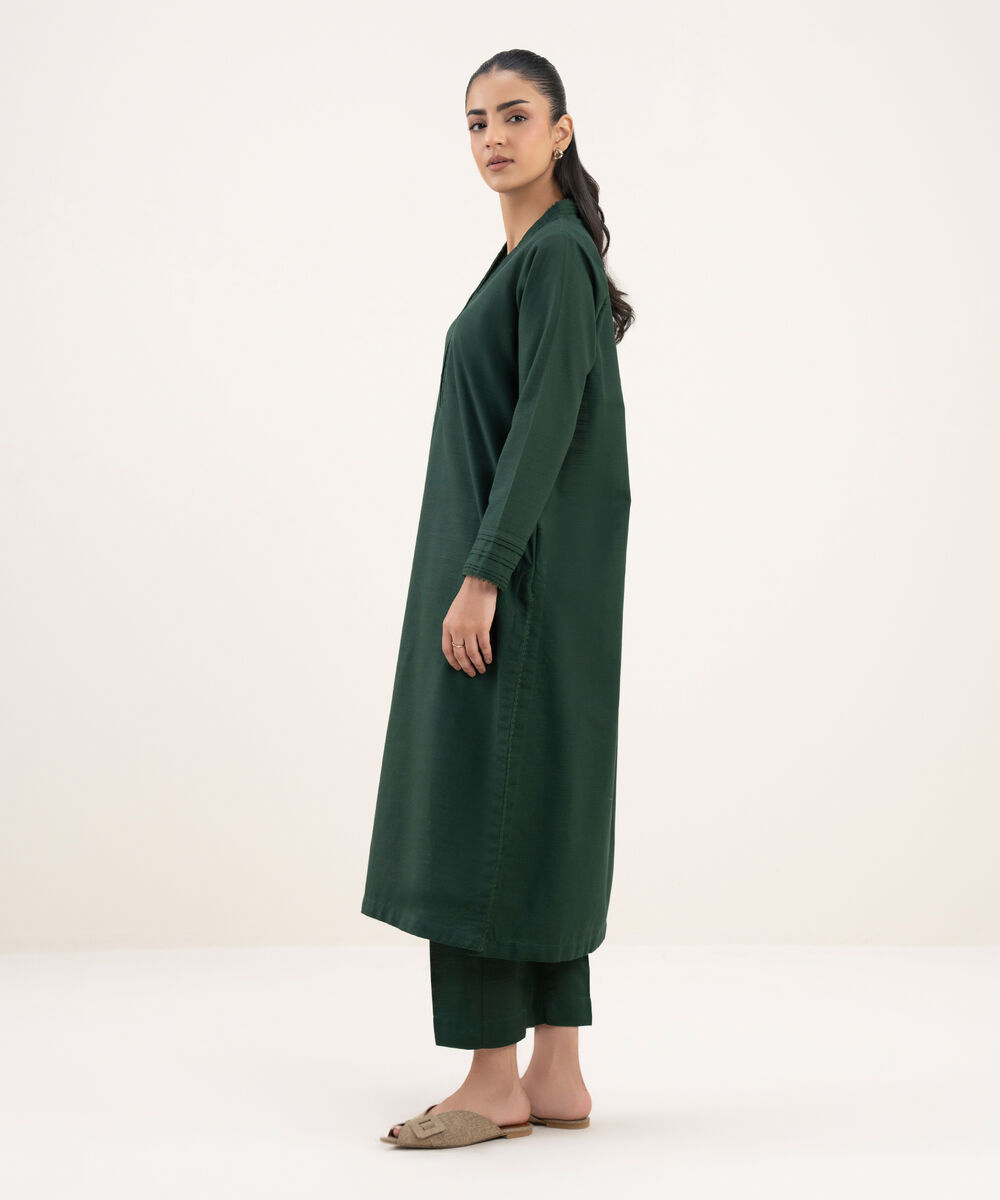 Women's RTW Khaddar Solid A-Line Green Shirt