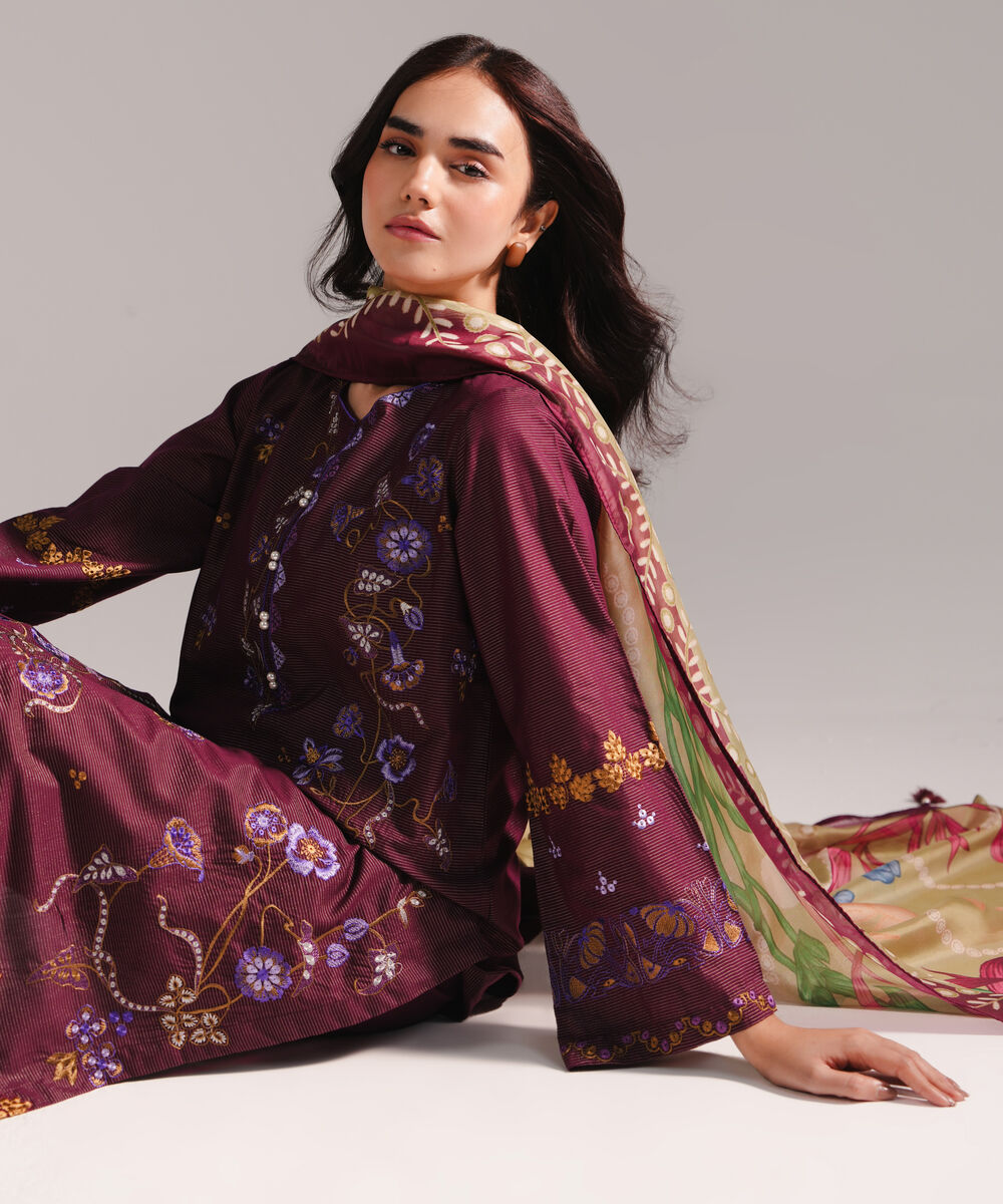 Women's RTW Zari Lawn Embroidered Maroon 3 Piece Suit
