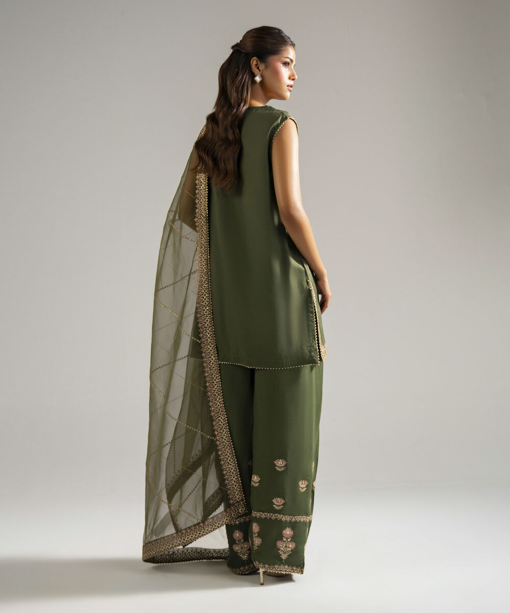 Women's RTW Raw Silk Embroidered Olive Green 3 Piece Suit