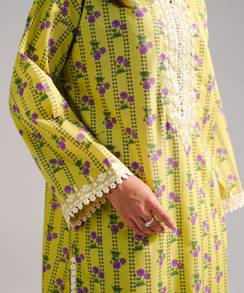 Women's RTW Slub Lawn Embroidered Green Straight Shirt