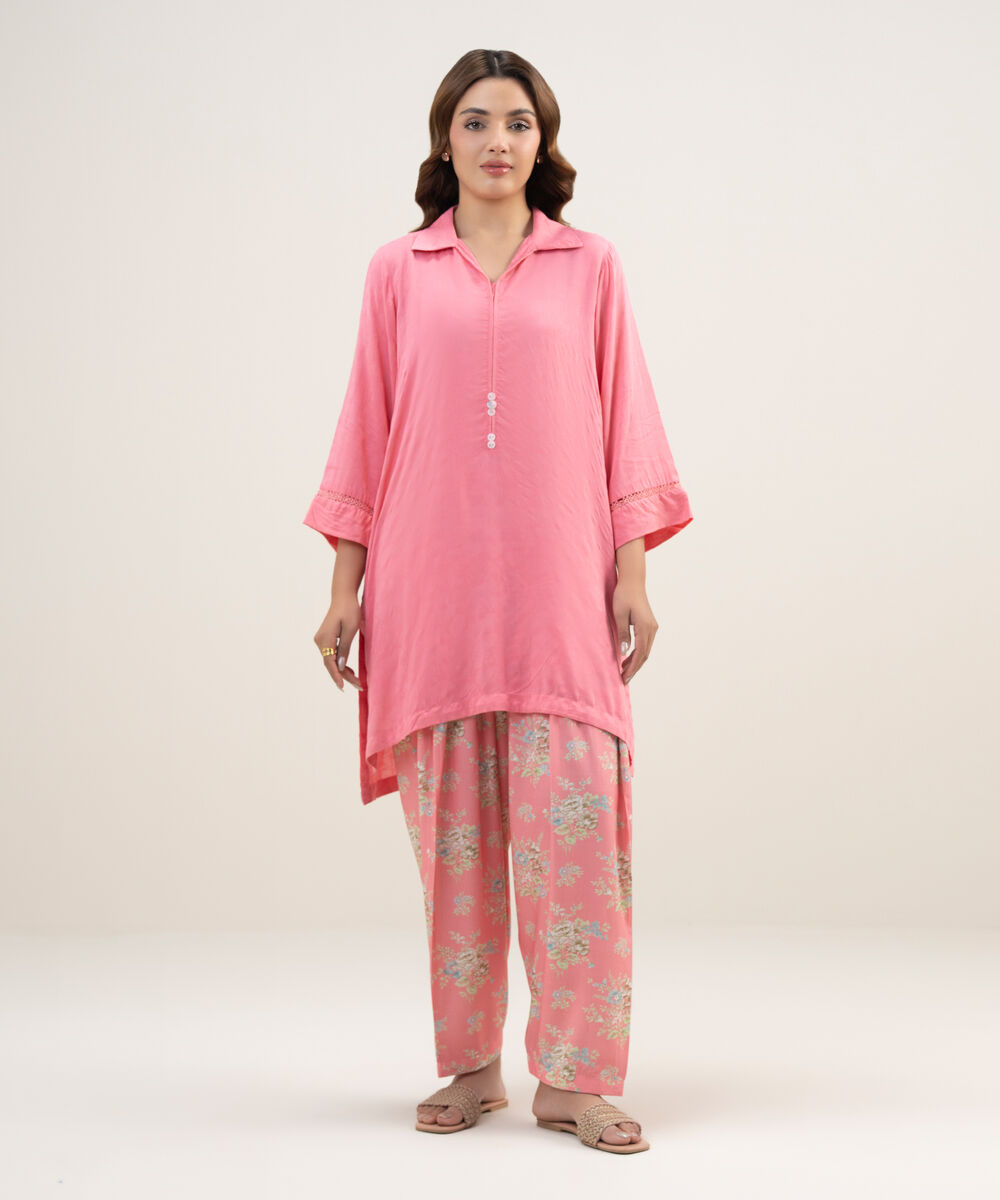 Women's RTW Arabic Self Jacquard Solid Pink Straight Shirt