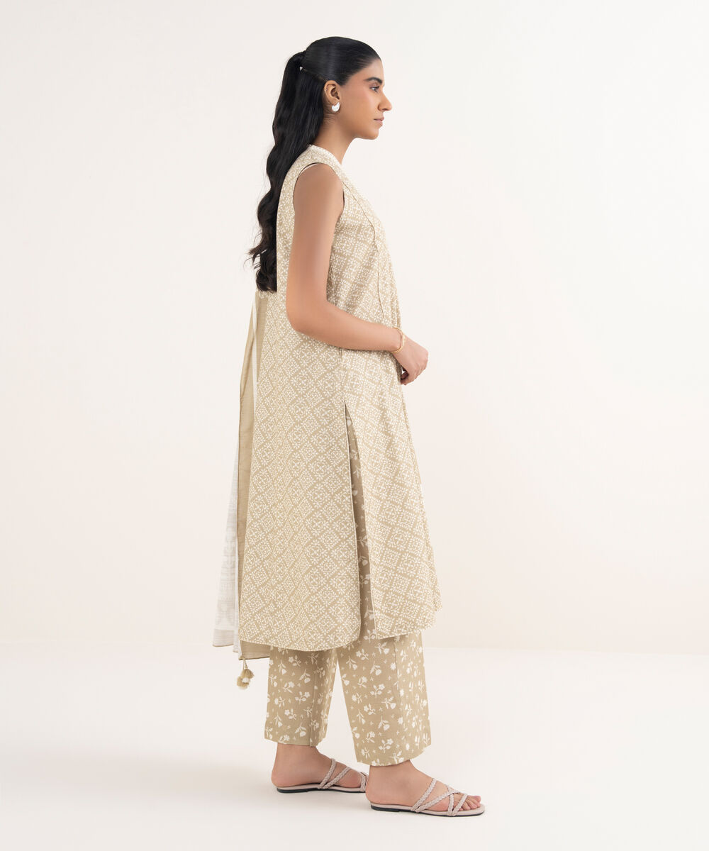 Women's Unstitched Lawn Printed Beige 3 Piece Suit