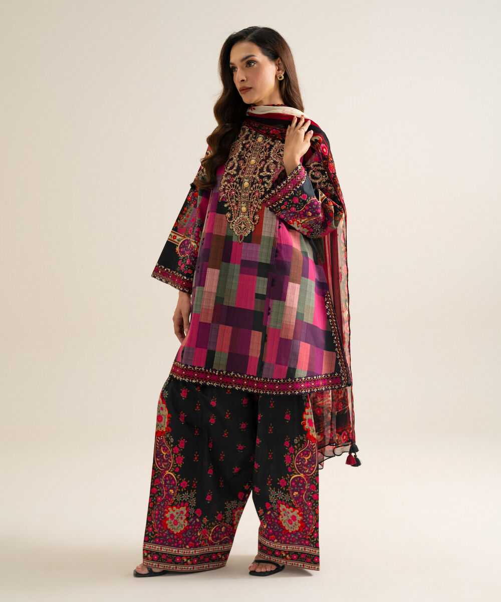 Women's Unstitched Blended Chiffon Printed Plum 3 Piece Suit