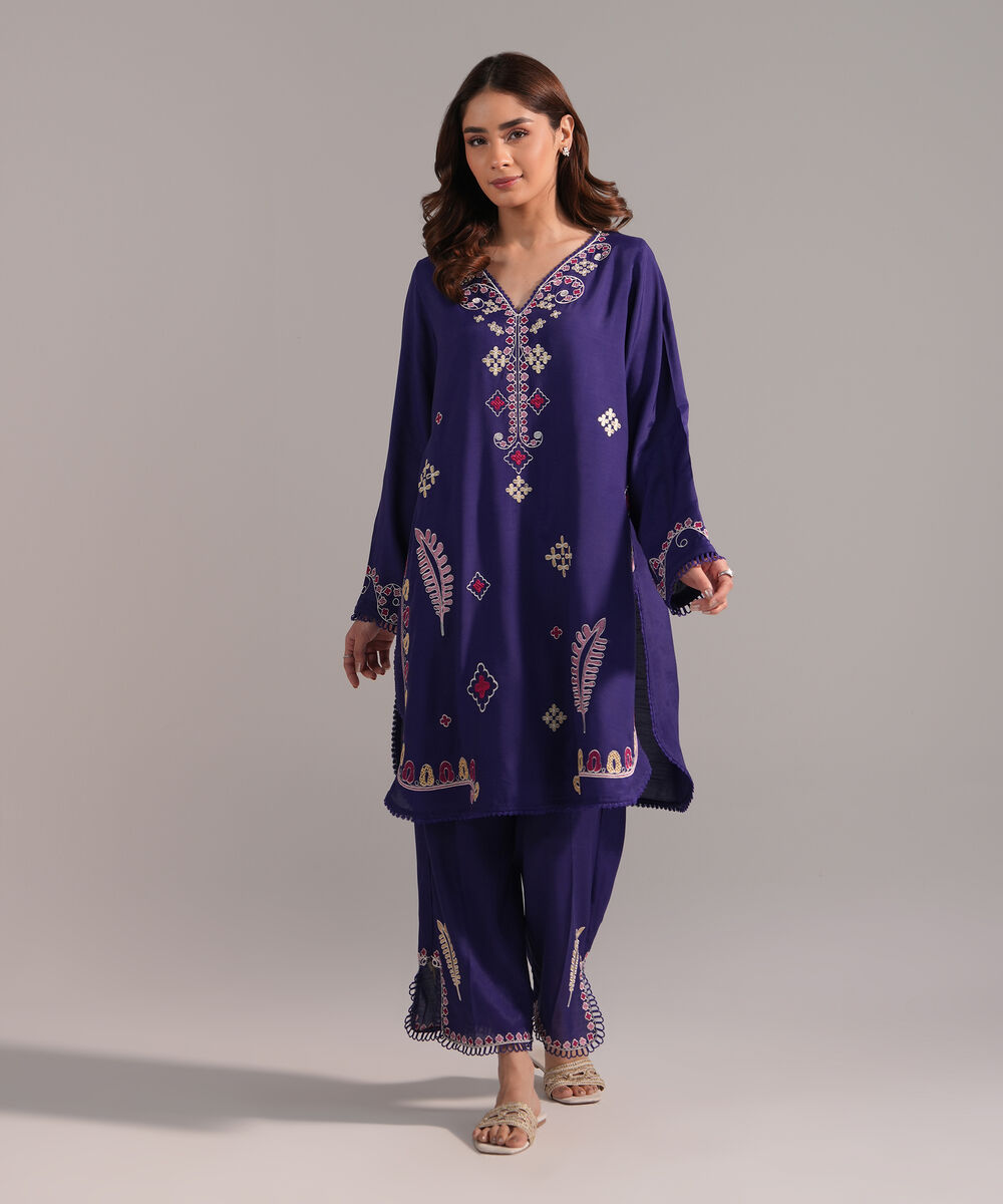 Women's RTW Viscose Raw Silk Embroidered Blue 2 Piece Suit