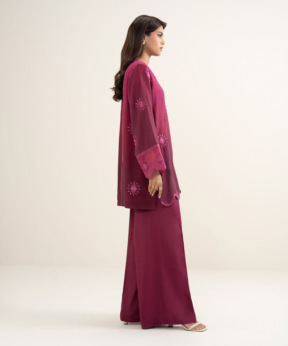 Women's RTW Viscose Raw Silk Embroidered Purple Straight Shirt