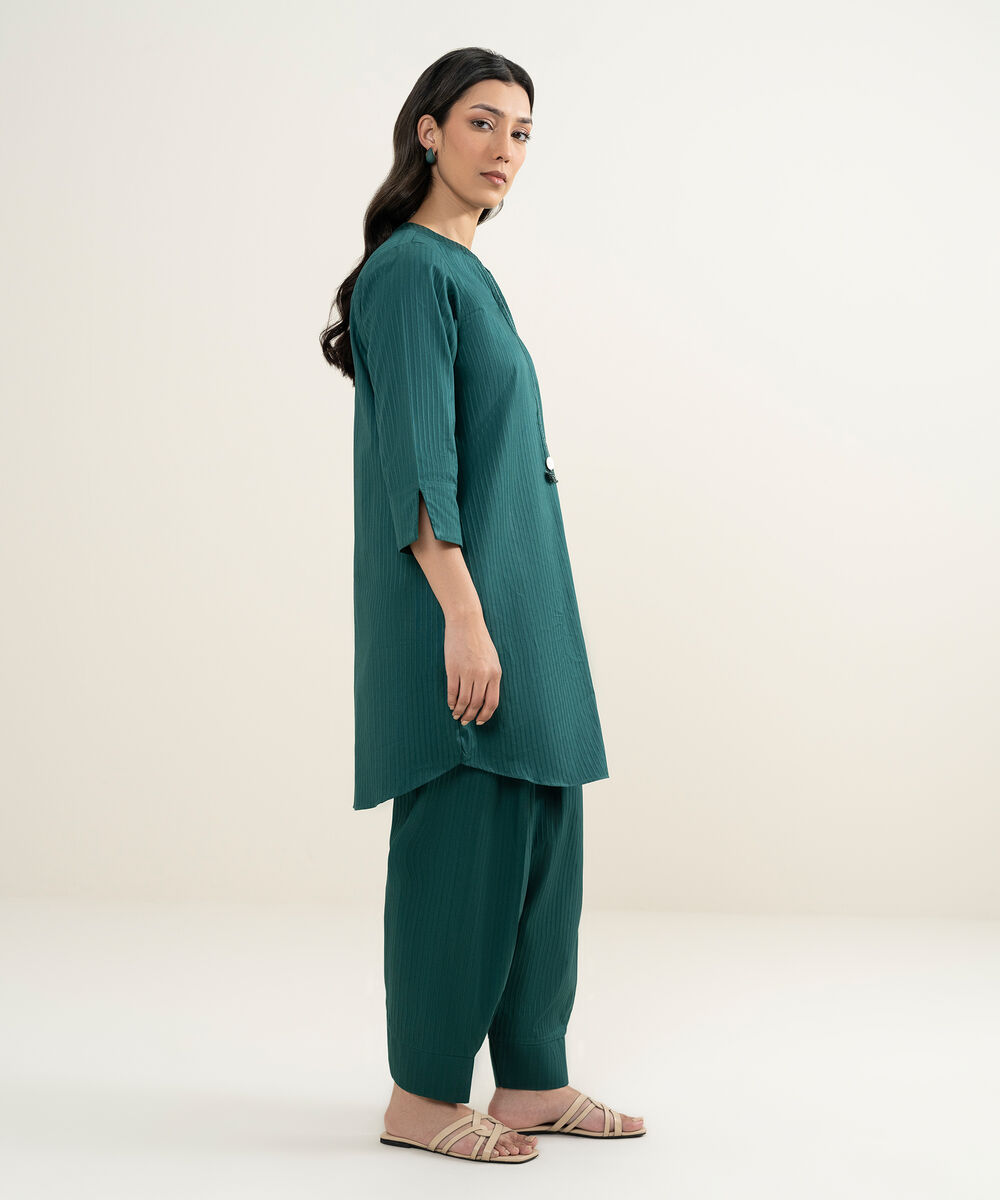 Women's RTW Dobby Solid Green Straight Shirt