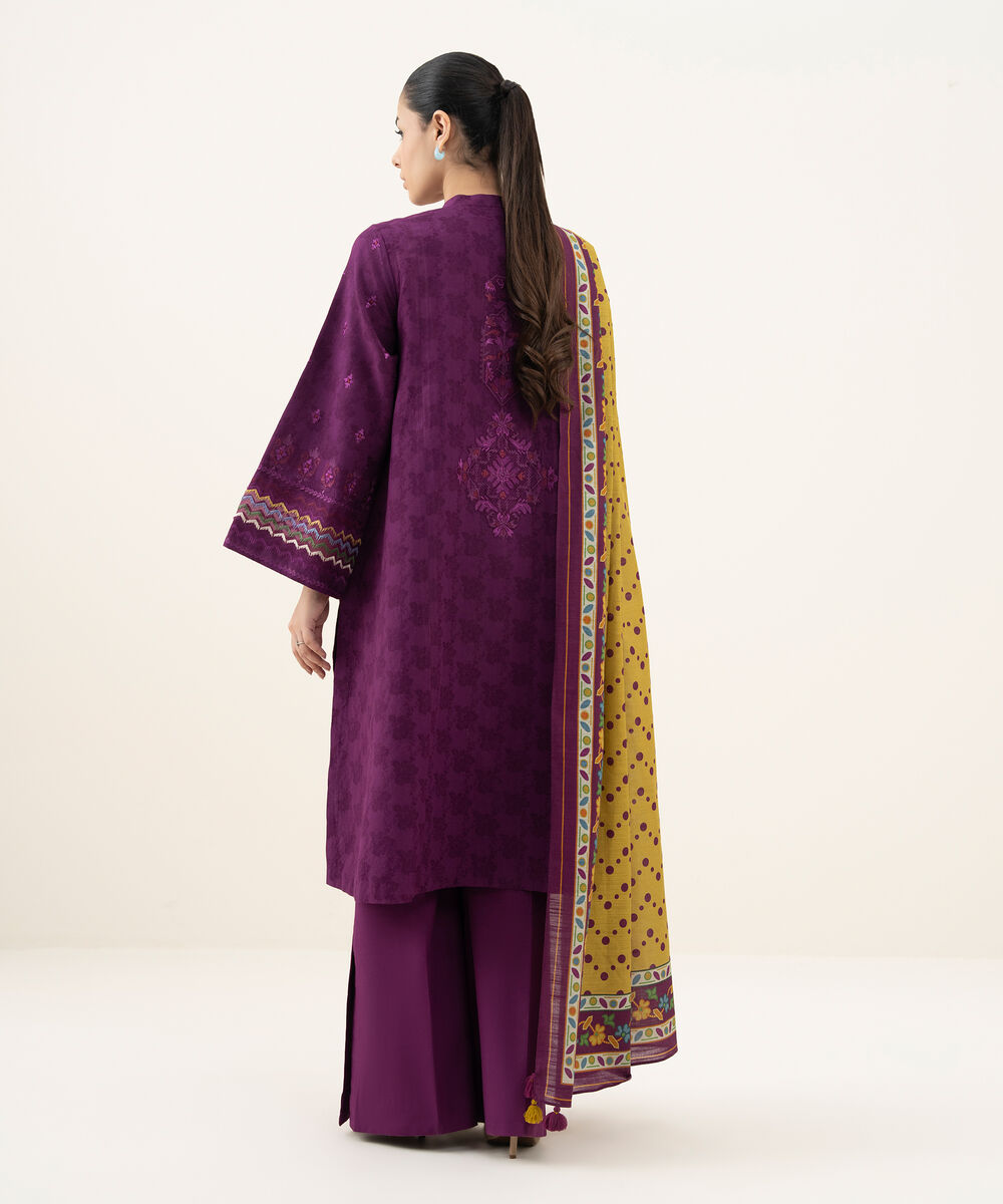Women's Unstitched Embroidered Cotton Jacquard Purple 3 Piece Suit