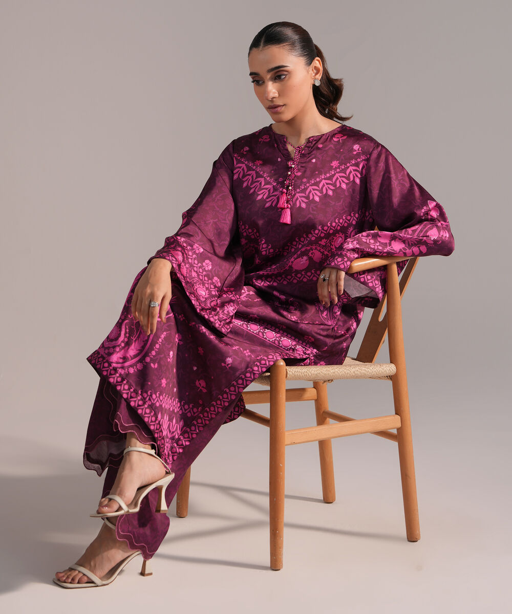 Women's RTW Blended Satin Printed Purple 2 Piece Suit