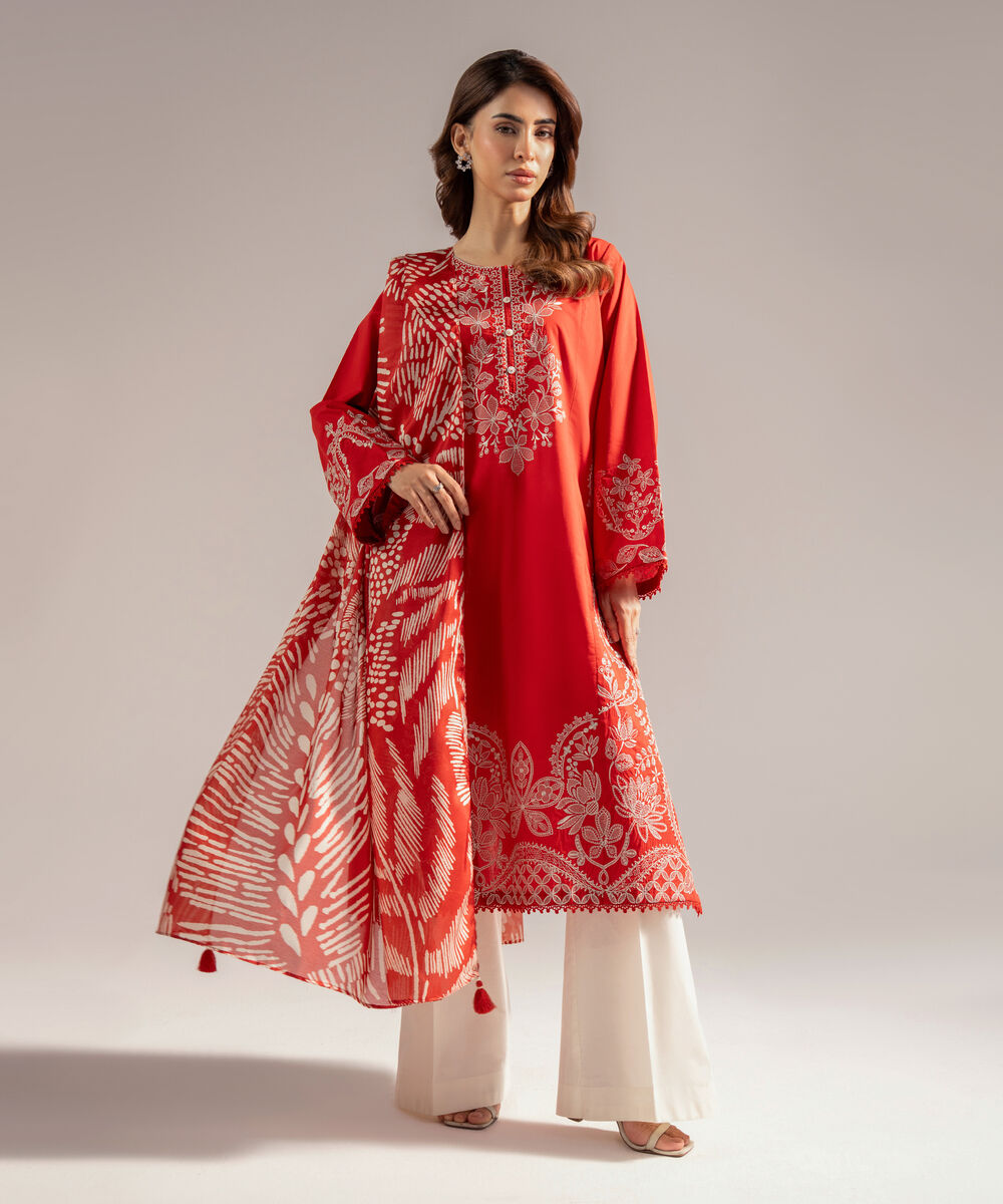 Women's RTW Cambric Embroidered Rust 2 Piece Suit