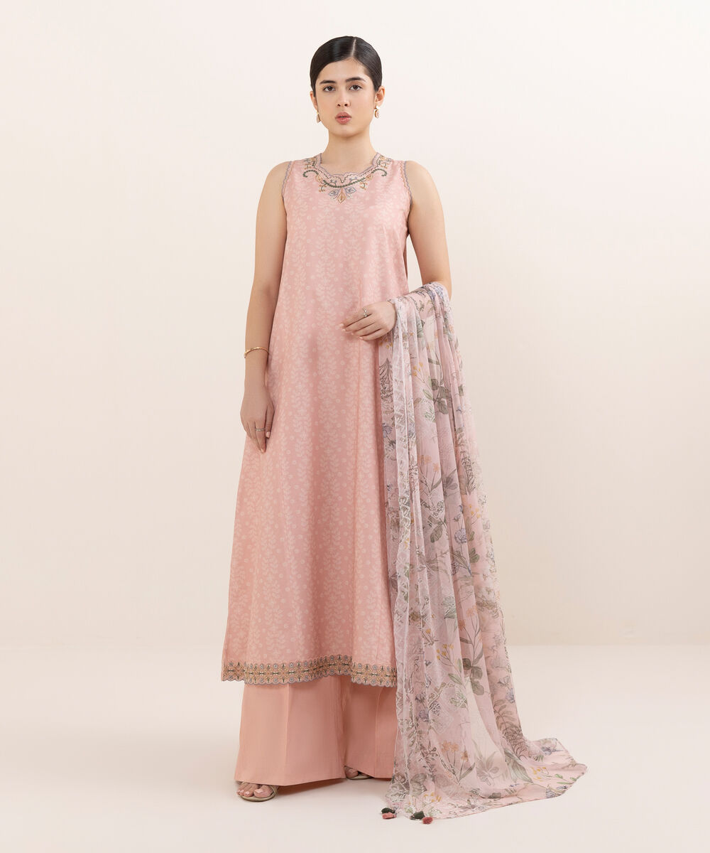 Women's Unstitched Cotton Embroidered Pink Three Piece Suit