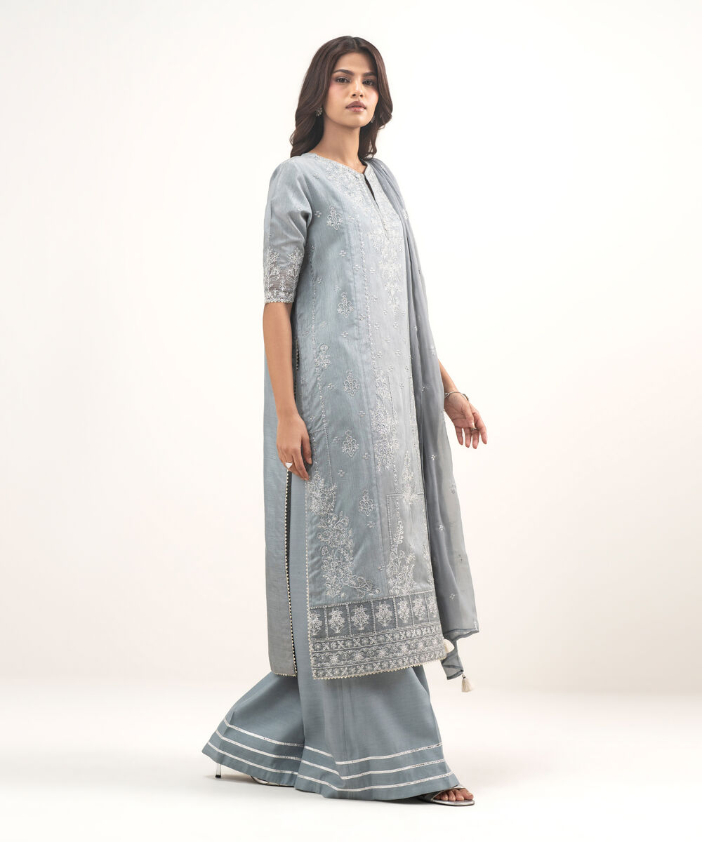 Women's Unstitched Raw Silk Embroidered Grey  3 Piece Suit