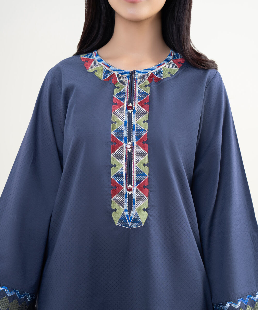 Women's RTW Dobby Embroidered Blue Straight Shirt