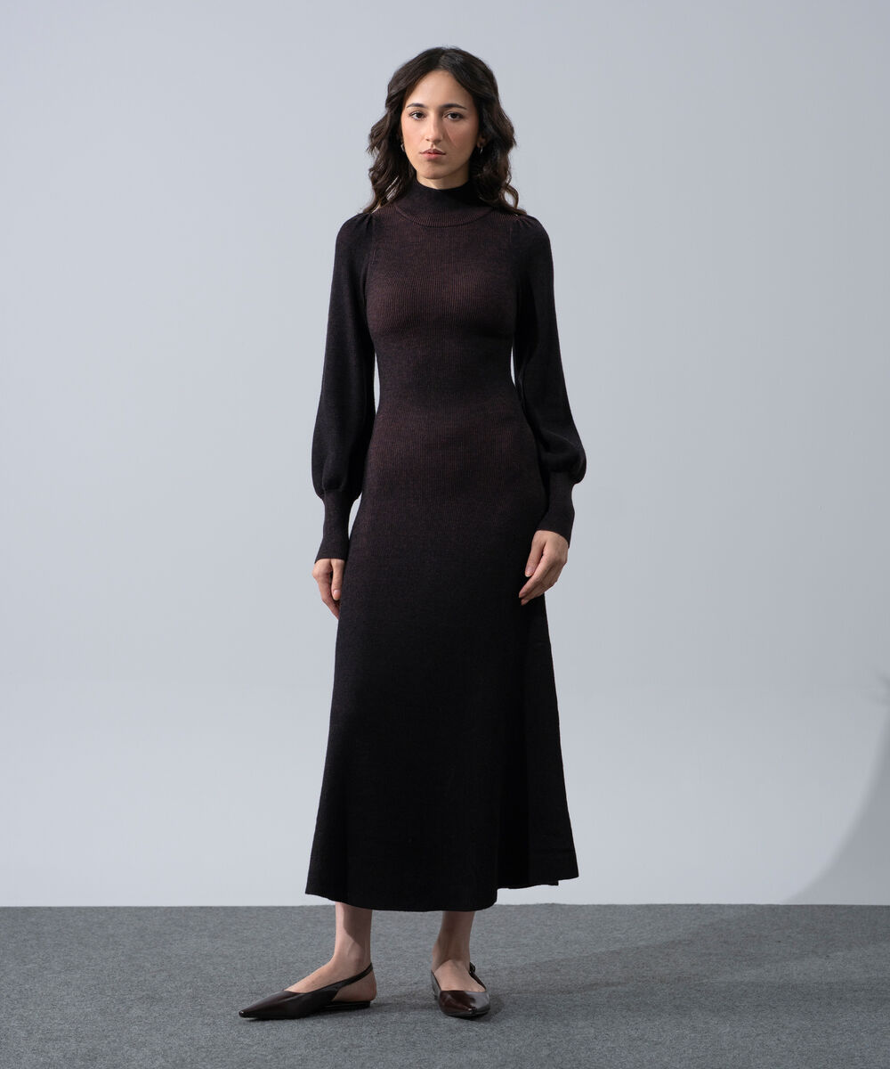 Women's Western Wear Brown Two-Tone Ribbed Knit Dress
