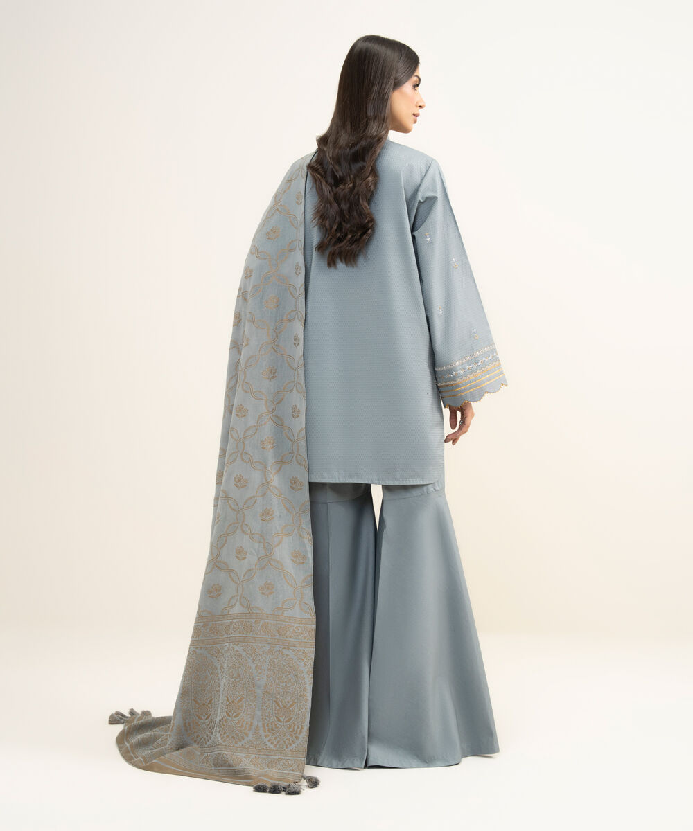 Women's Unstitched Dobby Embroidered Grey 3 Piece Suit