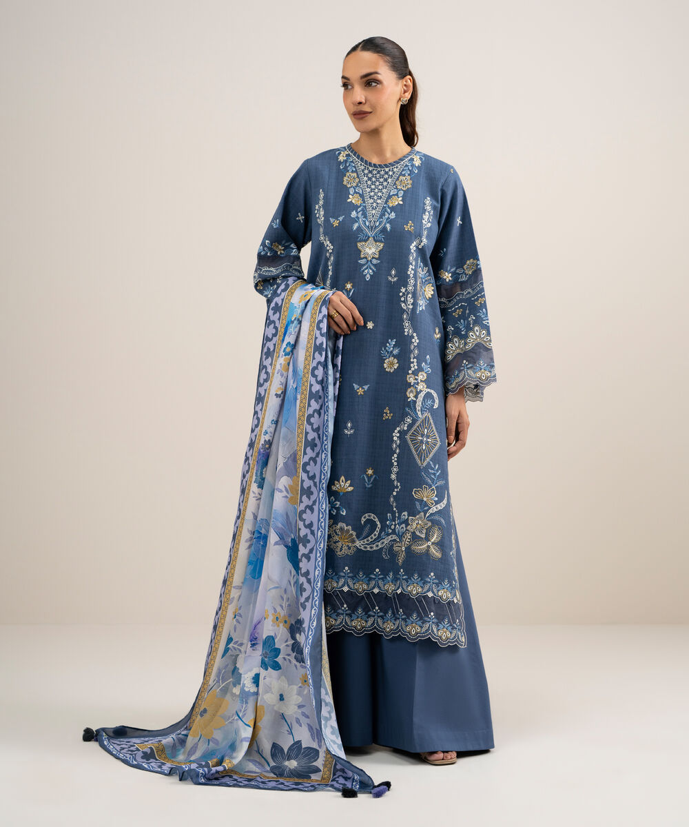 Women's Unstitched Dobby Embroidered Blue  3 Piece Suit