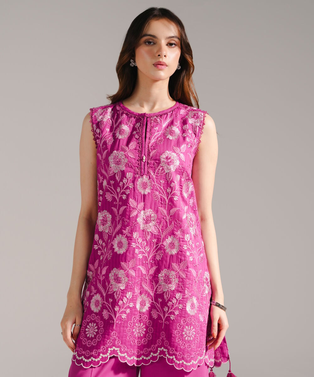 Women's RTW Textured Cotton Embroidered Dark Pink 2 Piece Suit