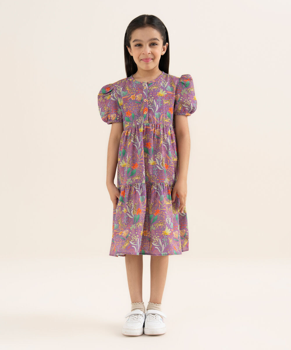 Girl's Khaddar Printed Purple Tier Dress