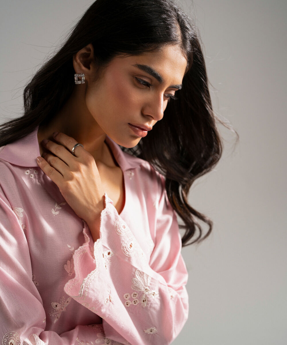 Women's RTW Self Jacquard Embroidered Pink 2 Piece Suit