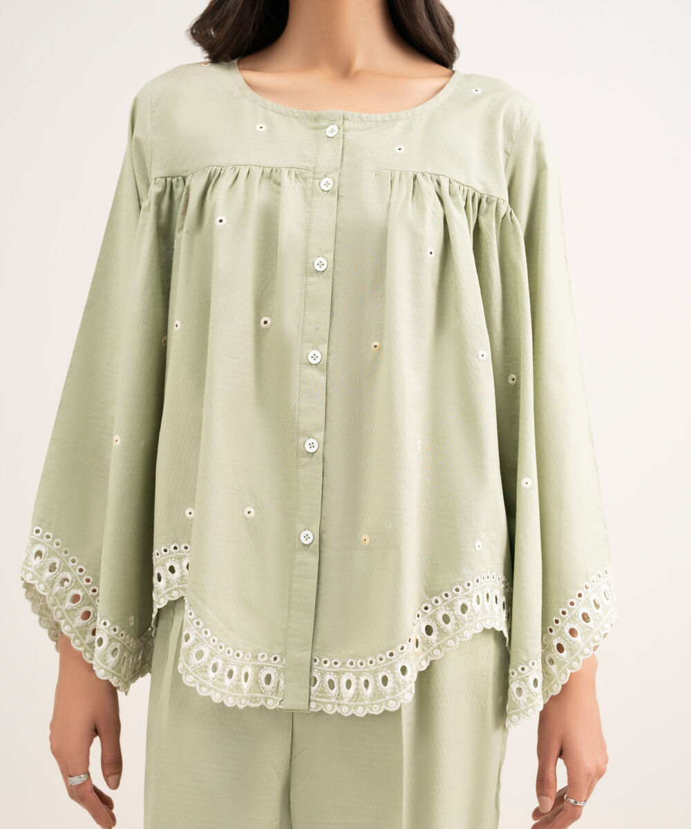 Women's RTW Dobby Embroidered Green Straight Shirt