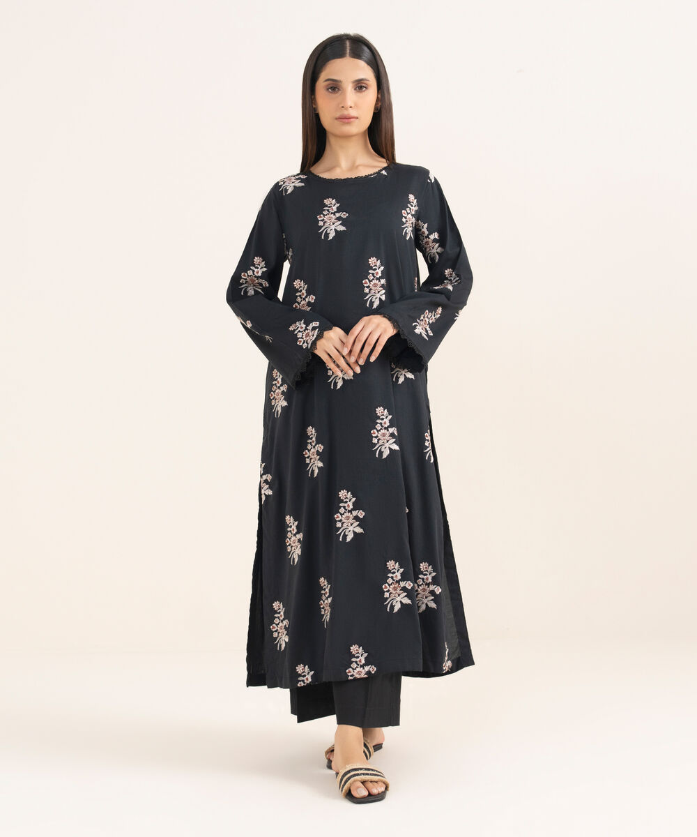 Women's RTW Lawn Viscose Black Embroidered A-Line Shirt