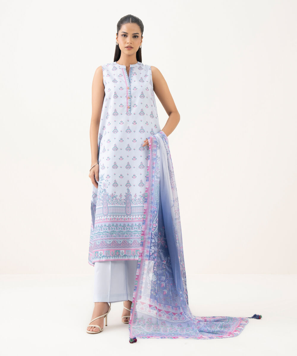 Women's Unstitched Cotton Printed Blue 3 Piece Suit