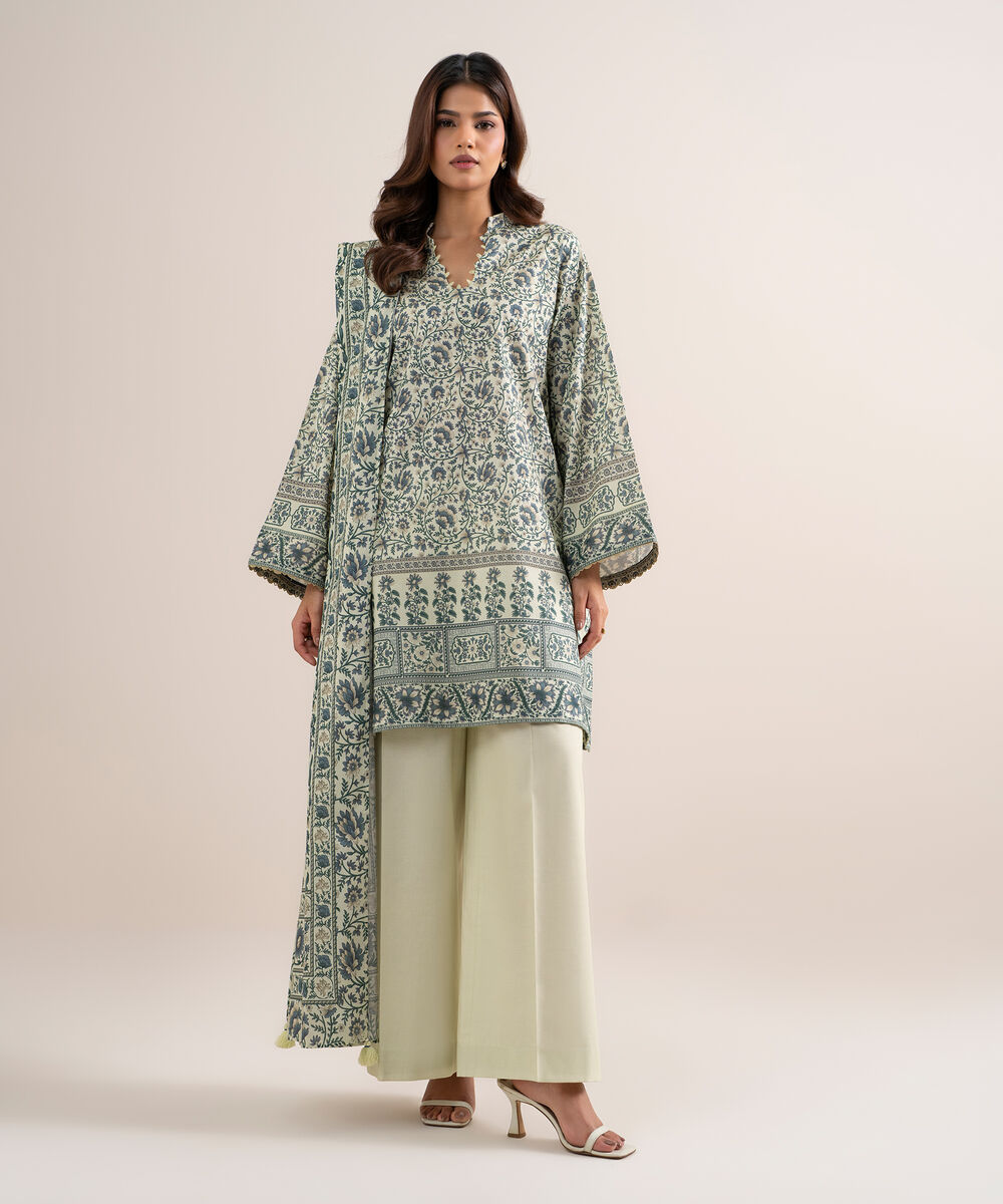 Women's Unstitched Lawn Printed Green and Blue 3 Piece Suit