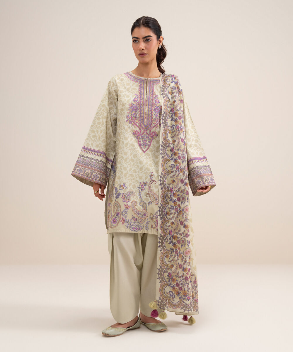 Women's Unstitched Lawn Embroidered Off White 3 Piece Suit