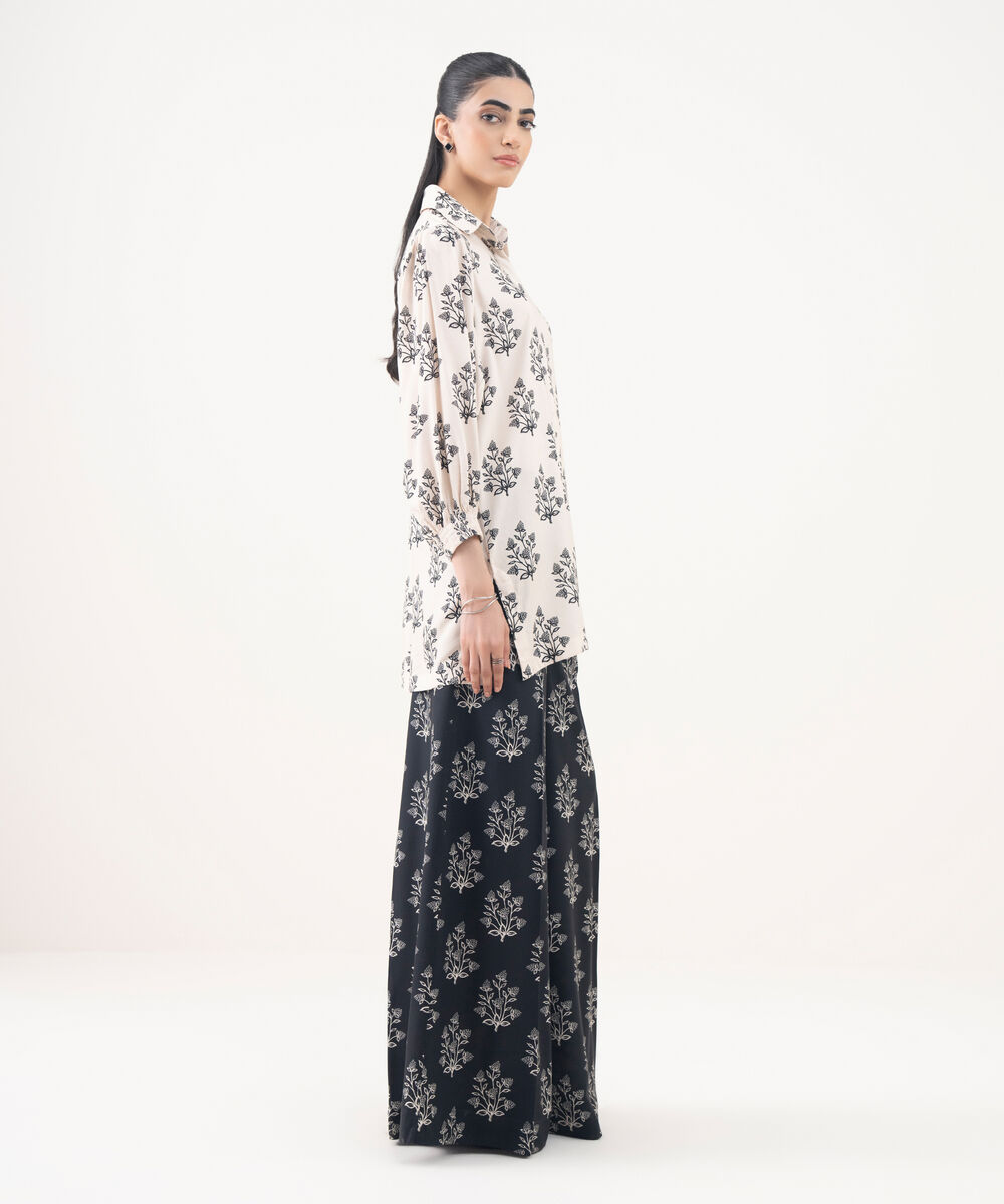 Women's RTW Viscose Linen Cream Printed Button Down Shirt