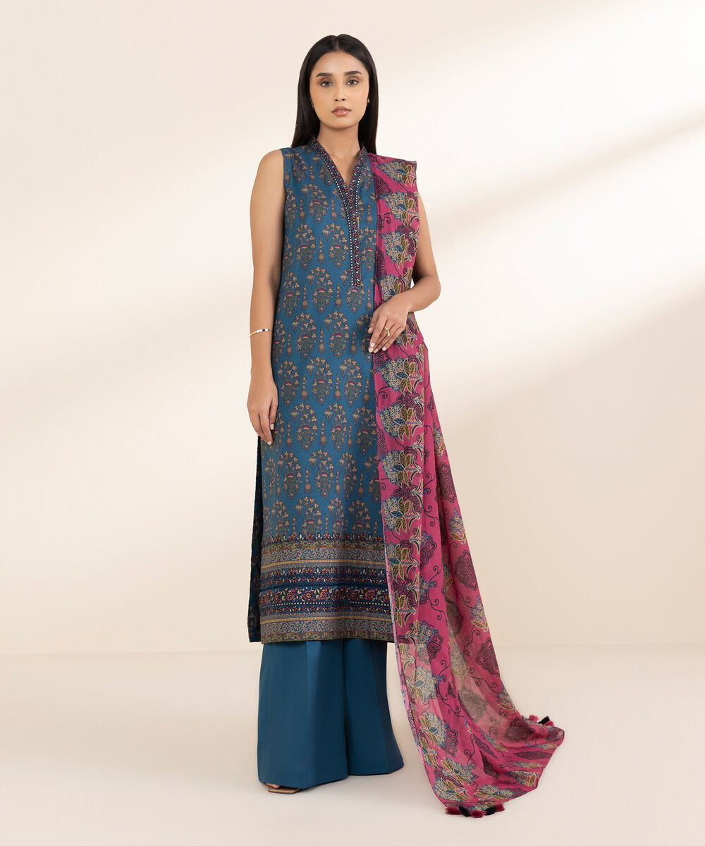 Women's Unstitched Lawn Embroidered Blue 3 Piece Suit