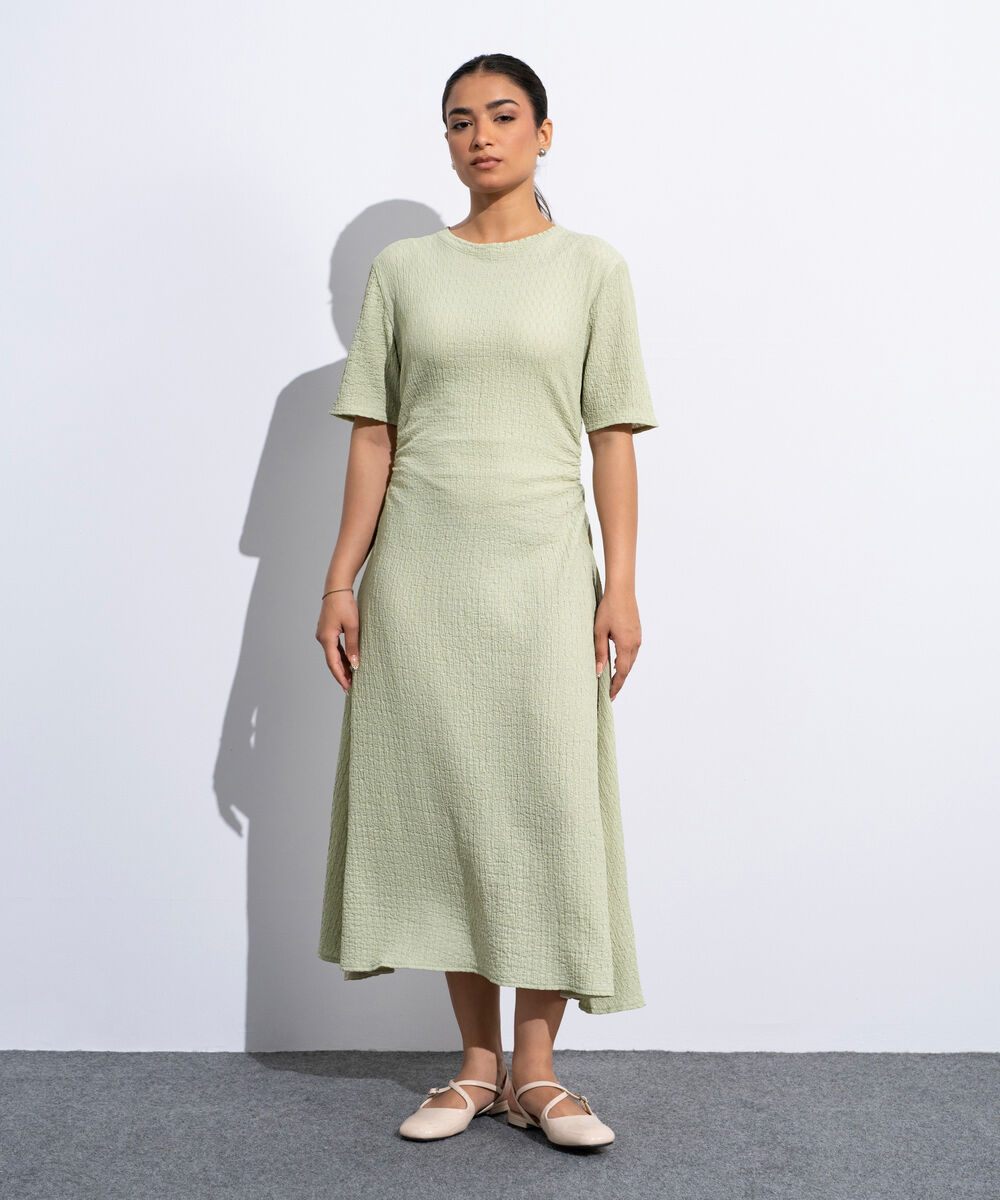 Women's Light Green Cinched Waist Textured Dress