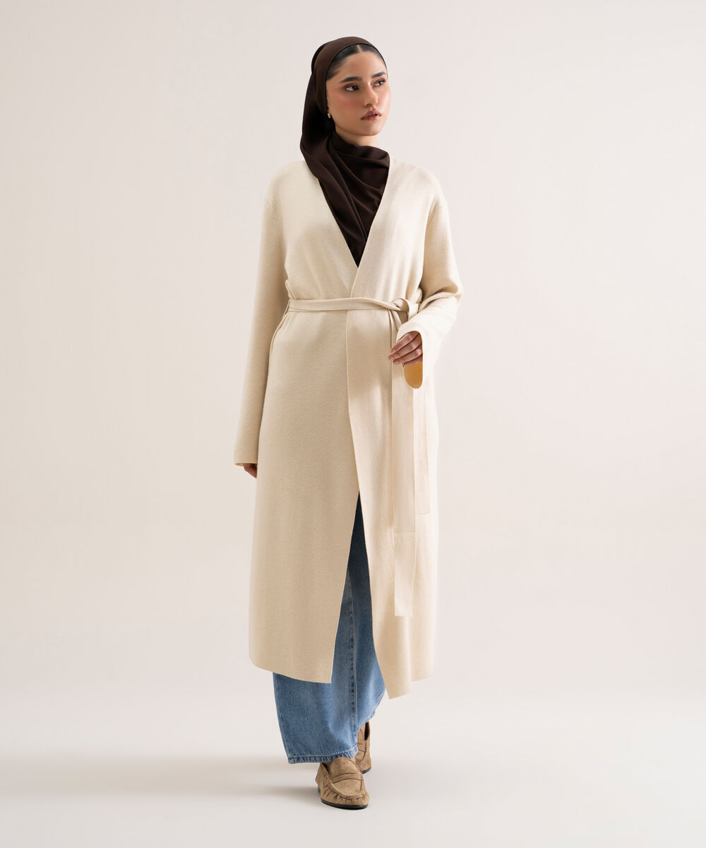 Women's Ivory Solid Sweater-Knit Abaya Set