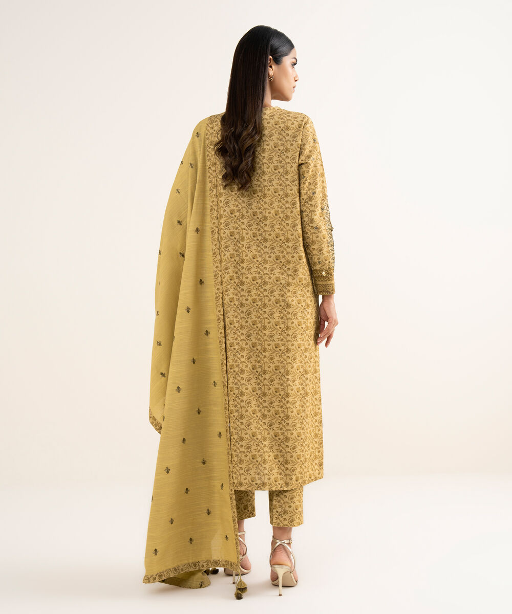 Women's Unstitched Textured Cotton Embroidered Yellow 3 Piece Suit