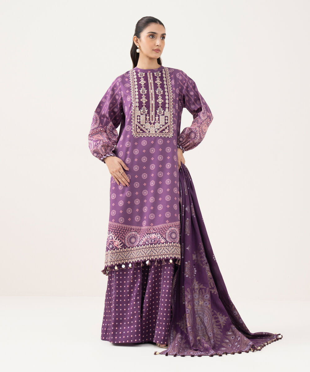 Women's Unstitched Fine Cotton Satin Embroidered Purple 3 Piece Suit