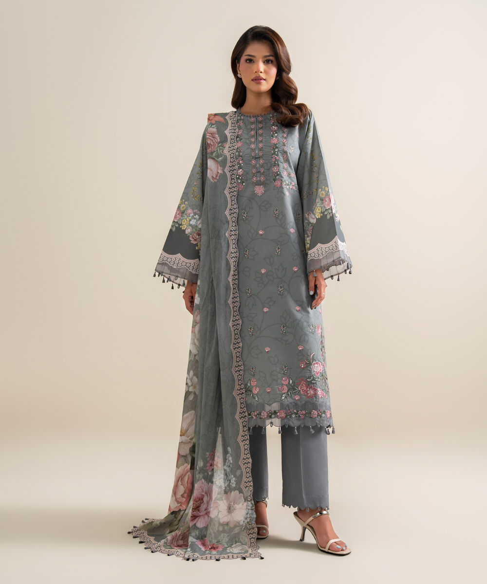 Women's Unstitched Lawn Embroidered Grey 3 Piece Suit