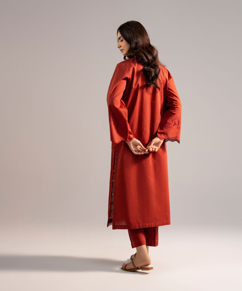 Women's RTW Dobby Embroidered Rust 2 Piece Suit