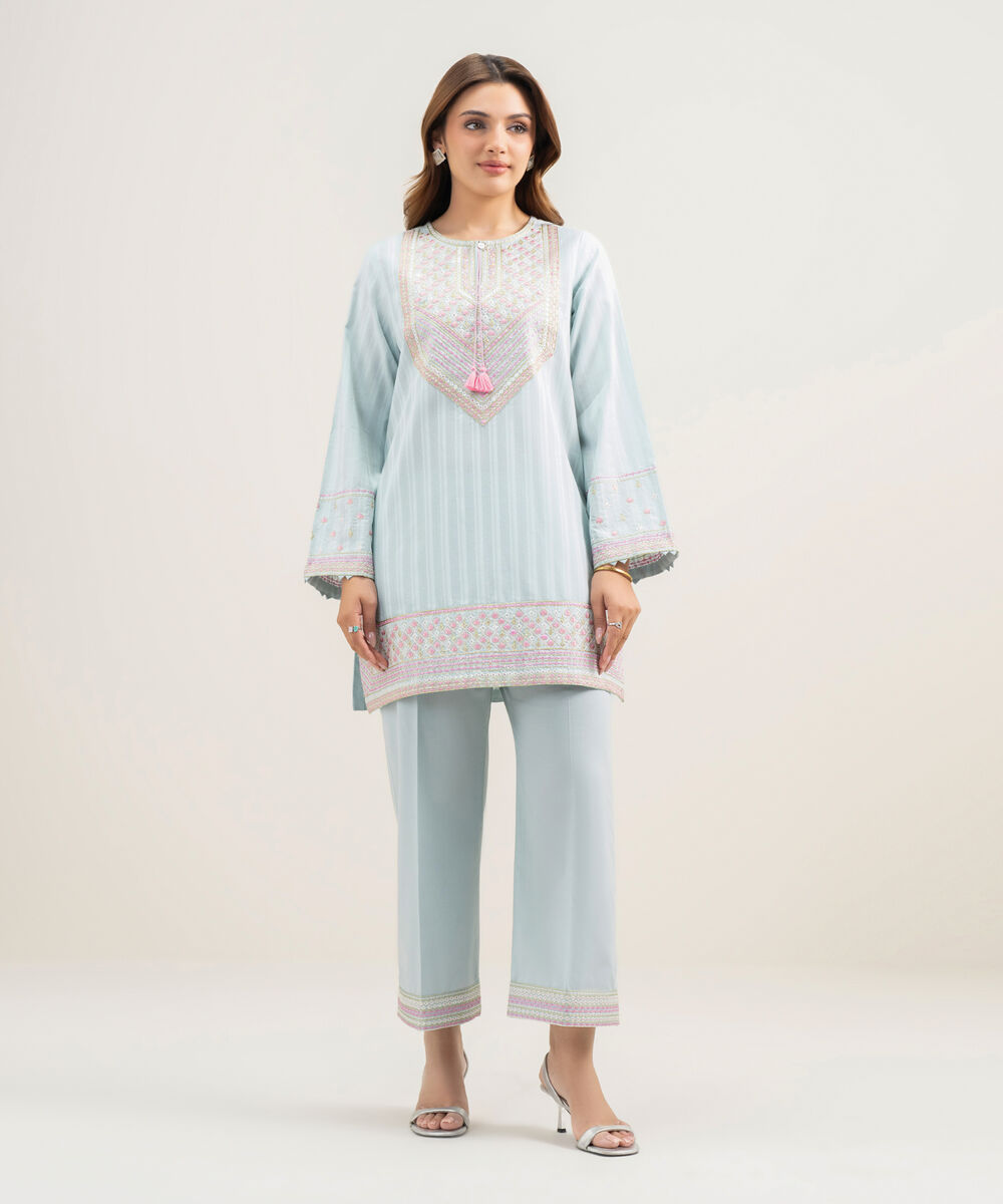 Women's RTW Dobby Embroidered Ice Blue 2 Piece Suit