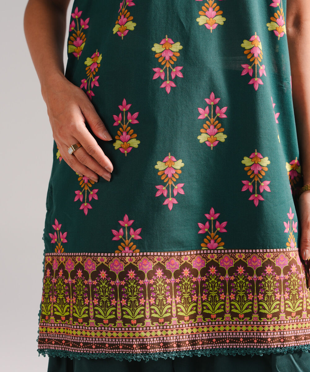 Women's RTW Slub Lawn Printed Dark Green Straight Shirt