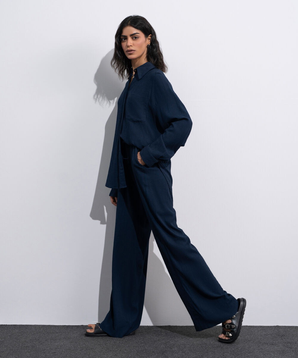 Women's Blue Seersucker Pull-On Trousers