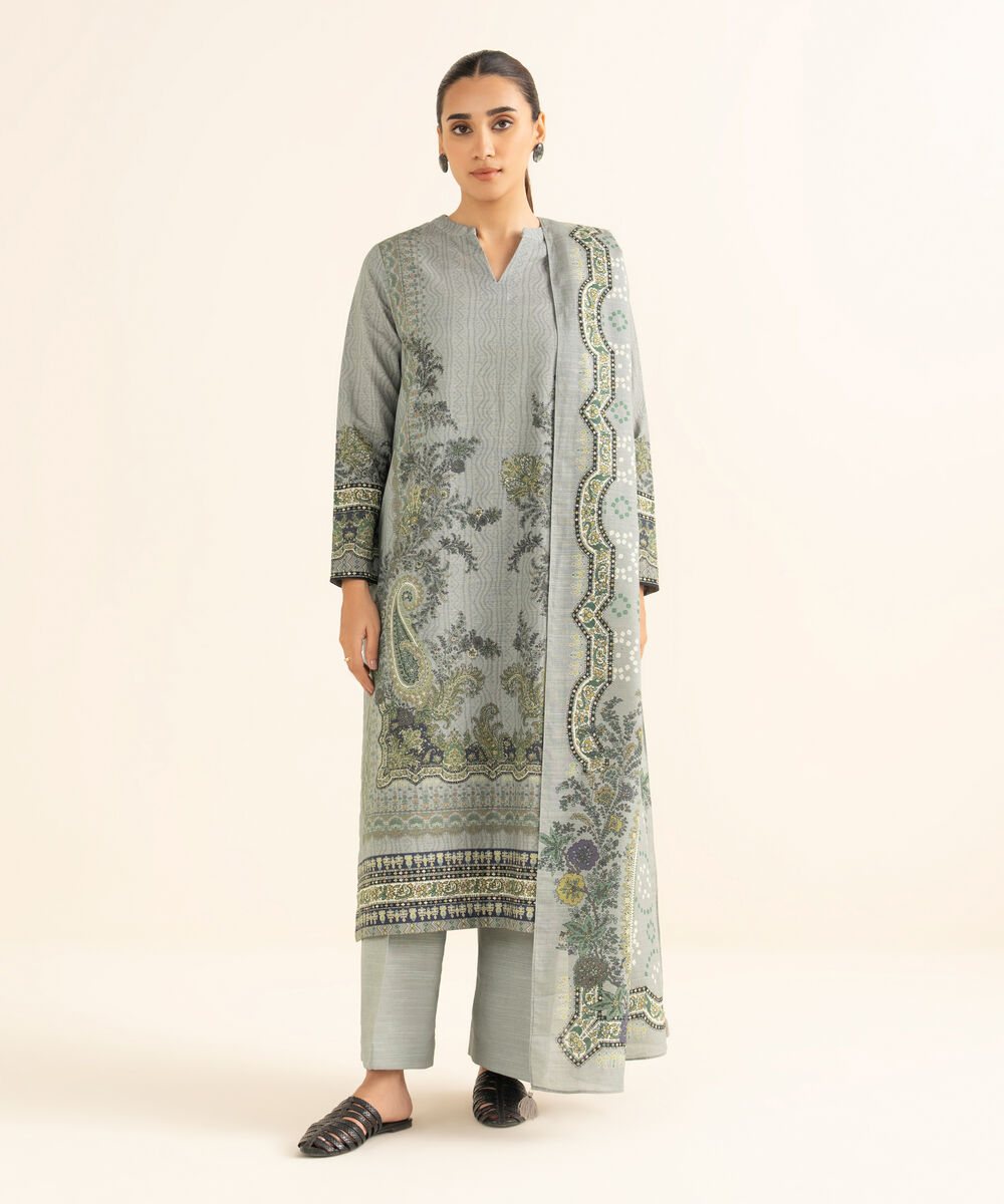 Women's Unstitched Cotton Printed Grey 3 Piece Suit