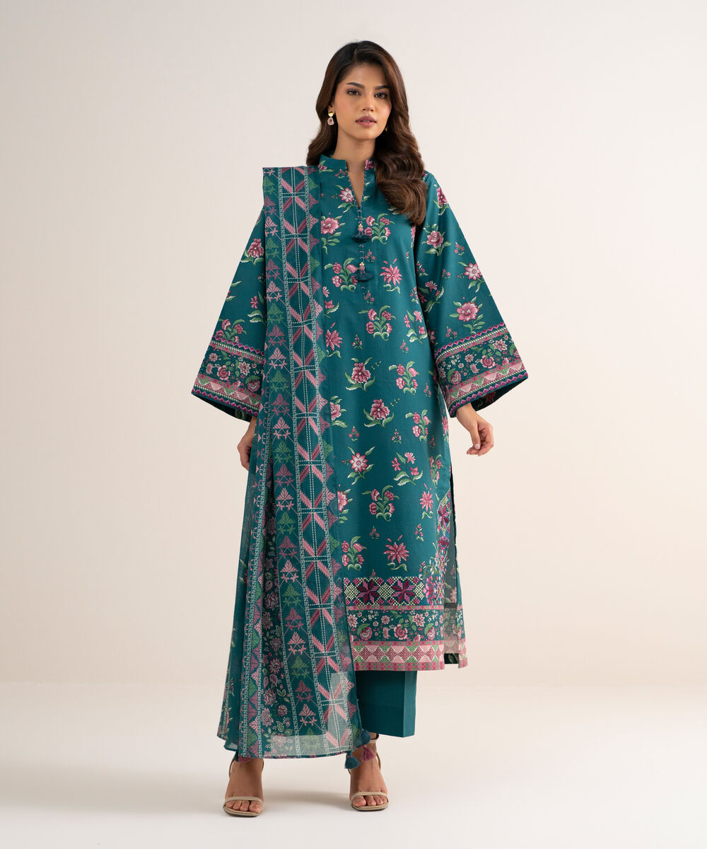 Women's Unstitched Cotton Embroidered Green 3 Piece Suit