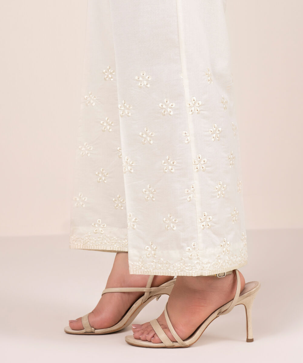 Women's RTW Cambric Embroidered Off White Culottes