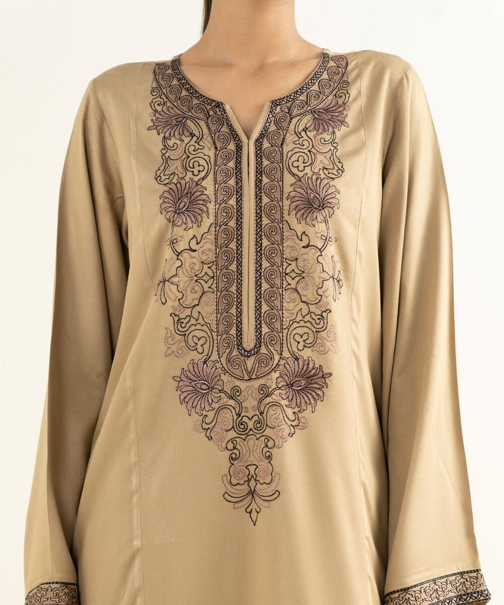 Women's RTW Linen Viscose Embroidered Beige Straight Shirt