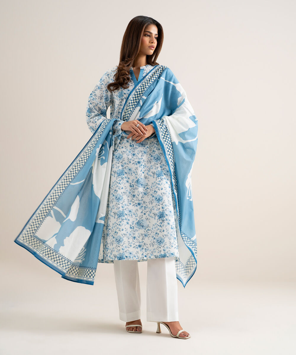 Women's Unstitched Lawn Printed White and Blue 3 Piece Suit