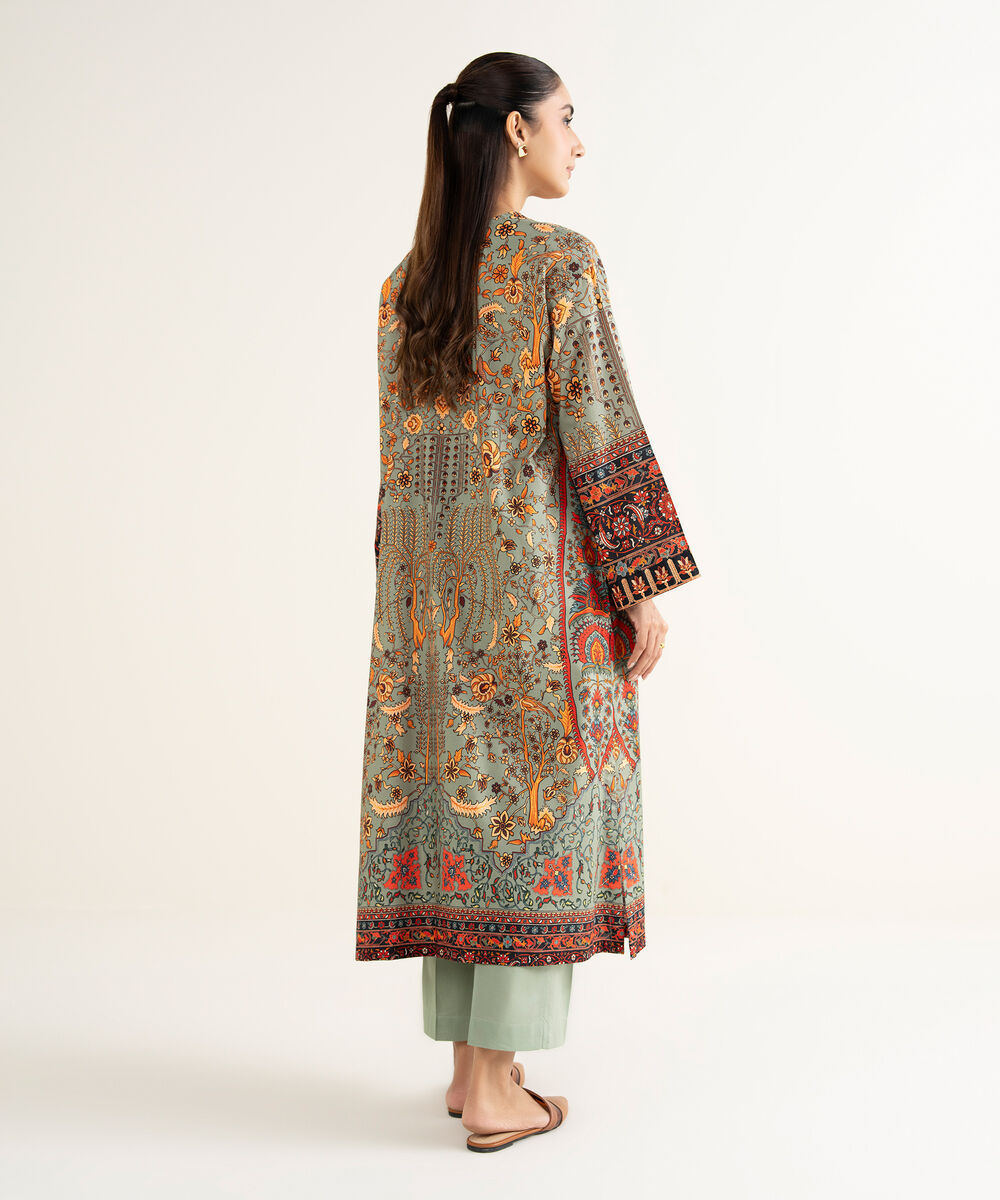 Women's RTW Linen Viscose Embroidered Green Drop Shoulder Shirt