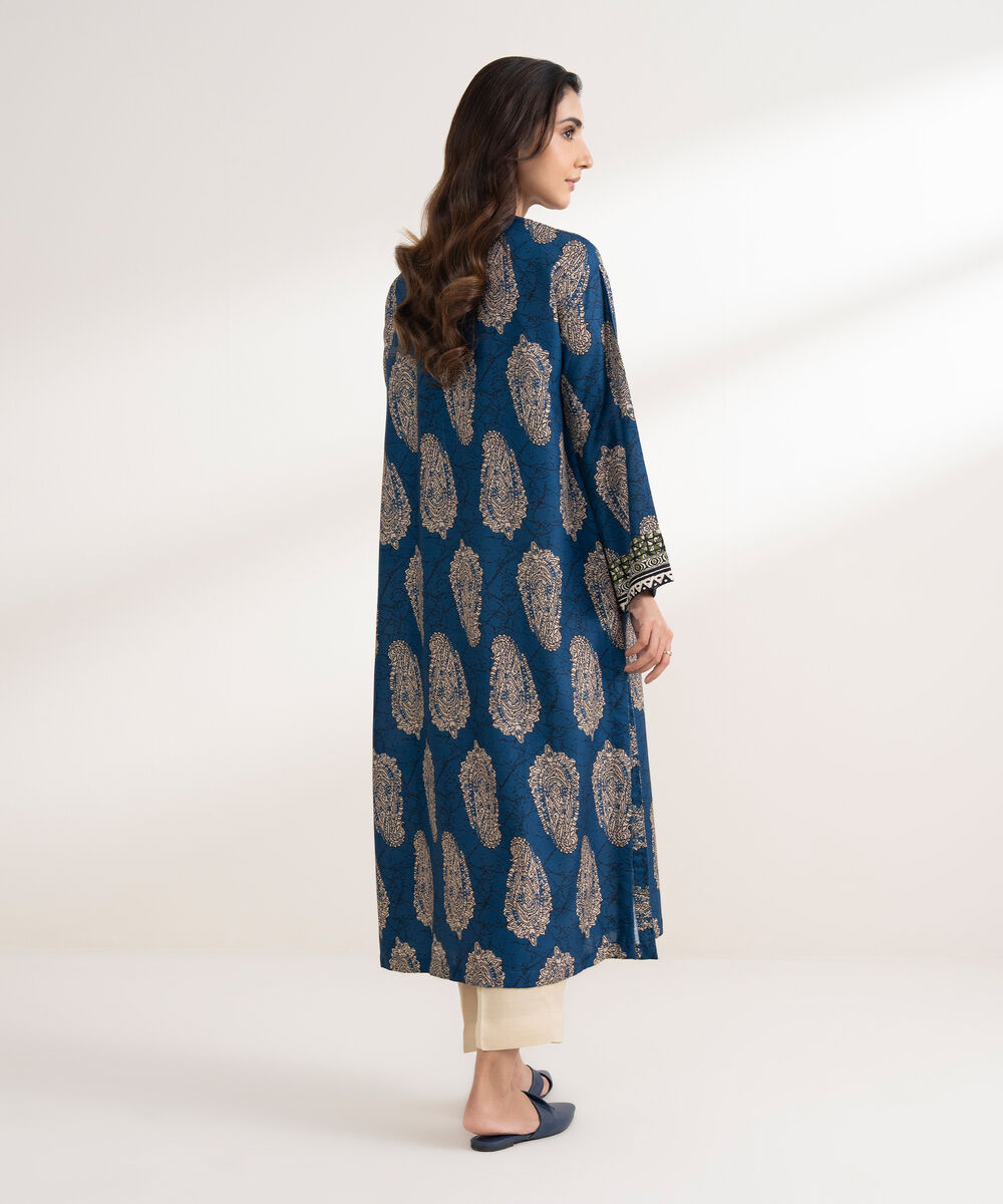 Women's RTW Viscose Linen Printed Straight Blue Shirt