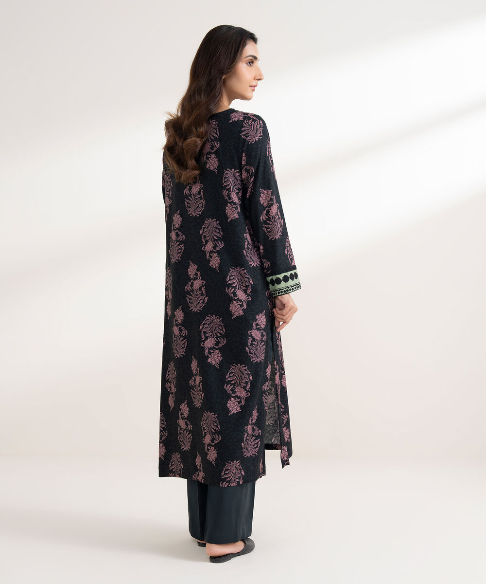 Women's RTW Viscose Linen Printed Straight Black Shirt