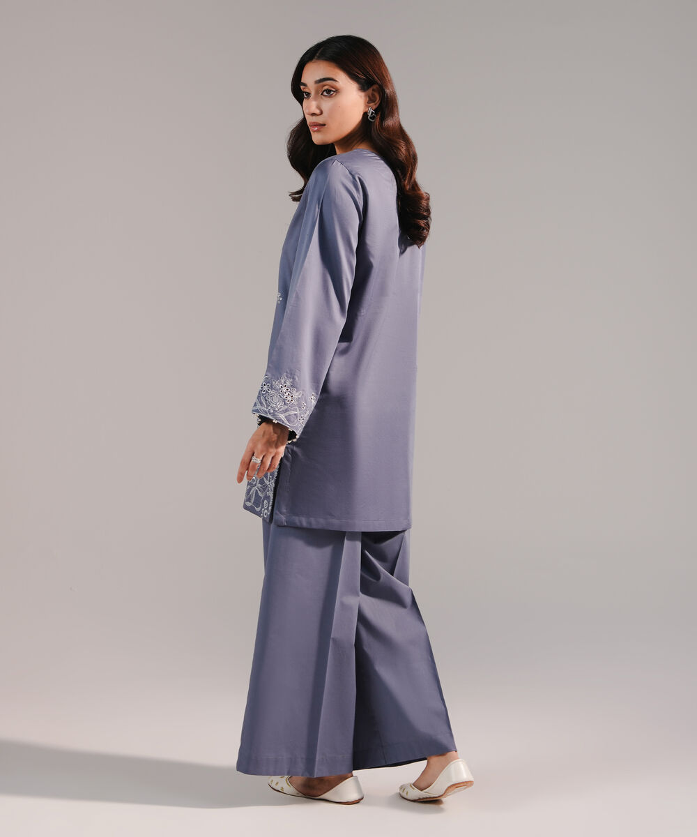 Women's RTW Cotton Satin Embroidered Steel Grey Straight Shirt