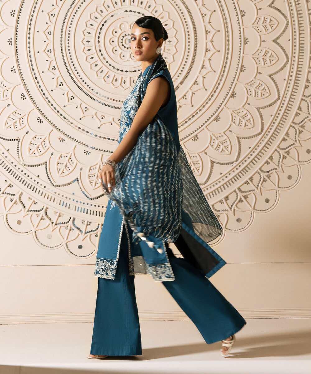 Women's Unstitched Cotton Embroidered Blue 3 Piece Suit