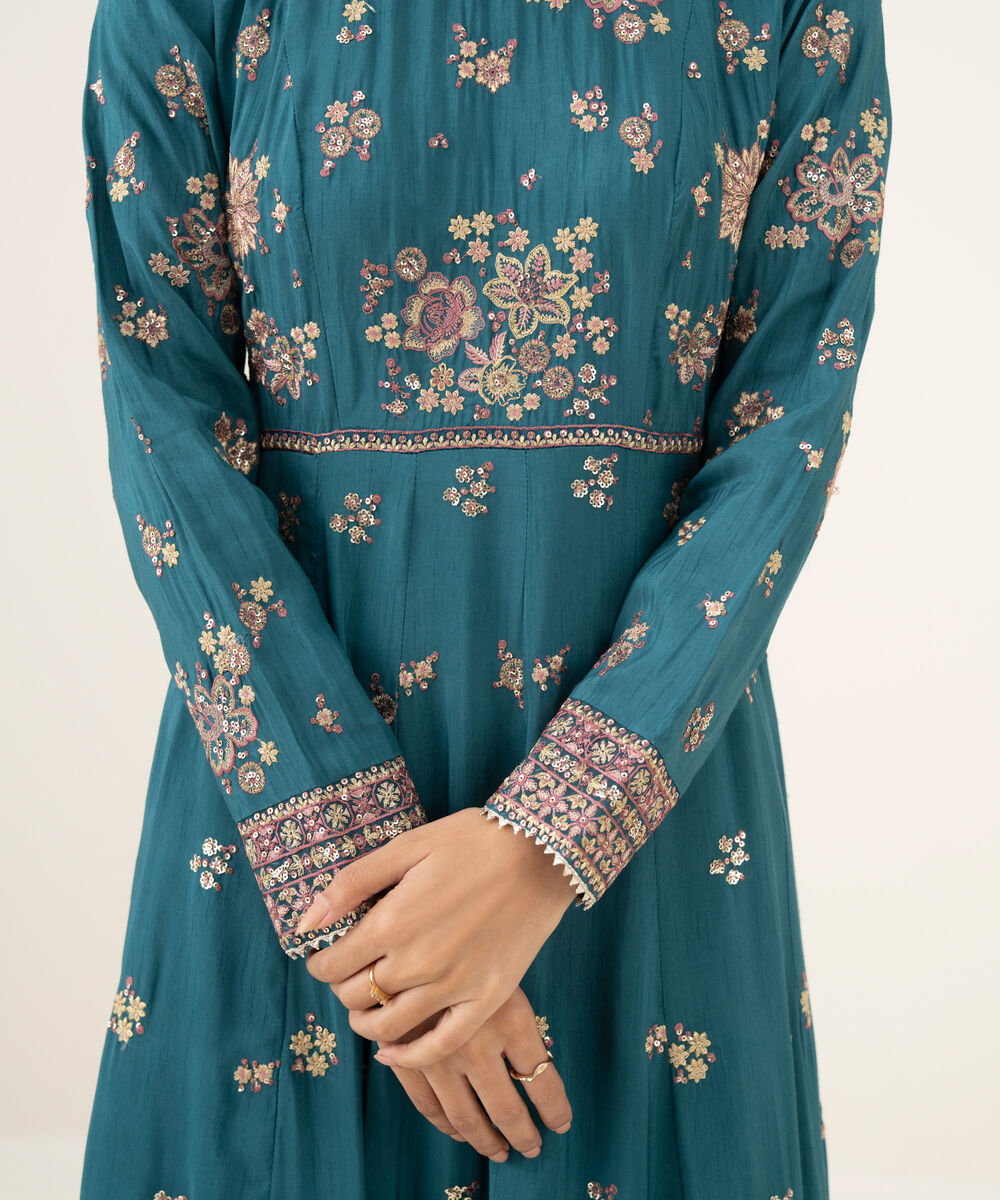 Women's RTW Raw Silk Embroidered Teal 3 Piece Suit
